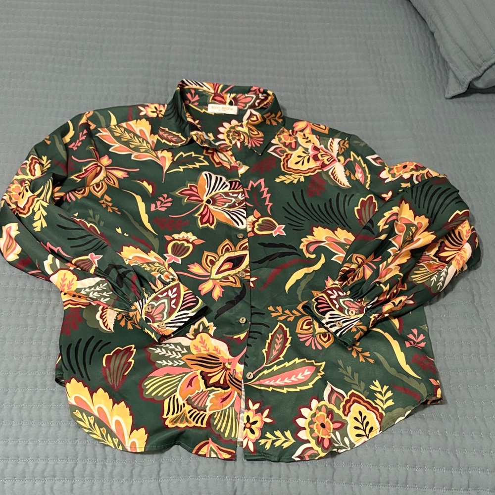 Ramy Brook Green Floral Print Button-Up Top